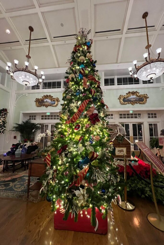 Photo of one of the Christmas trees in the lobby of Disney's BoardWalk Inn.