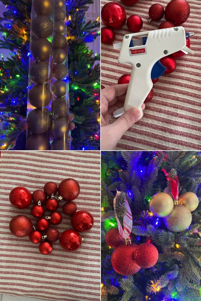 Graphic with 4 photos (L-R clockwise): 2 tubes of dollar store ornaments, closeup of a glue gun, DIY Mickey Mouse ornaments hanging on a tree, and a pile of red shiny and glittery Christmas bulbs.