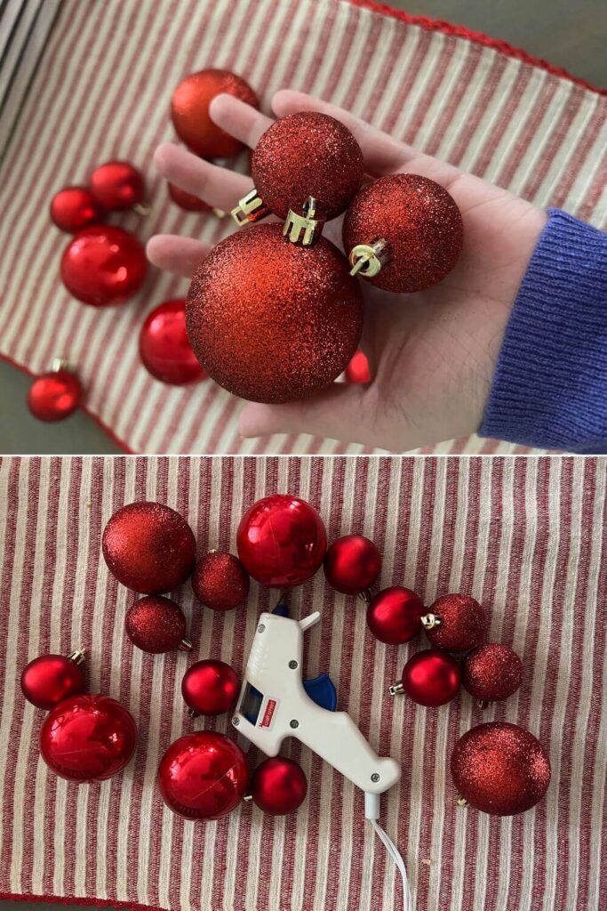 Photo collage showing (top) 3 Christmas bulbs in the palm of a hand and (bottom) a pile of red Christmas bulbs and a glue gun.