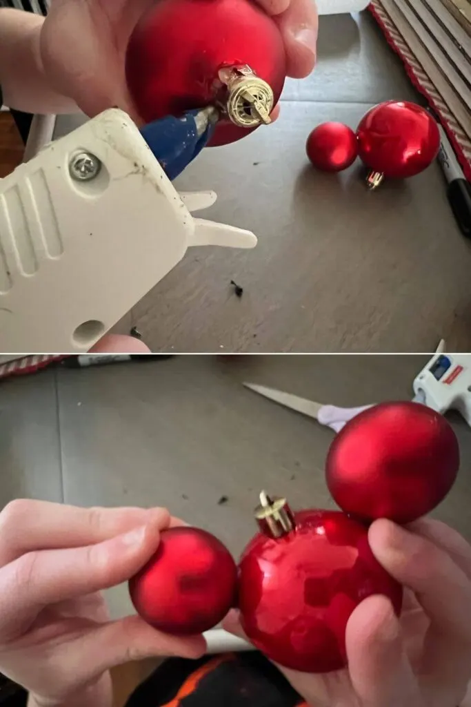 Photo collage showing (top) glue being added to a small ornament and (bottom) the small ornament being glued to a larger ornament.