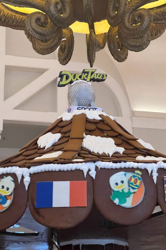 Closeup photo of the roof of the 2023 DuckTales themed gingerbread carousel at Disney's Beach Club Resort.