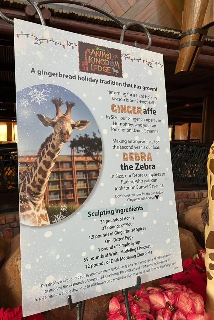 Photo of a sign with facts about Gingeraffe and Debra the Zebra gingerbread displays at Disney's Animal Kingdom Lodge Jambo House.