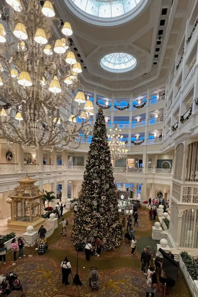 Photo of the Grand Floridian Resort lobby during Christmas.