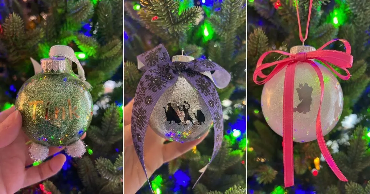 Photo collage with 3 vertical photos of DIY glitter ornaments. L-R: green Tinkerbell ornament, silver Haunted mansion inspired ornament, and an iridescent white Marie from Aristocats inspired ornament.