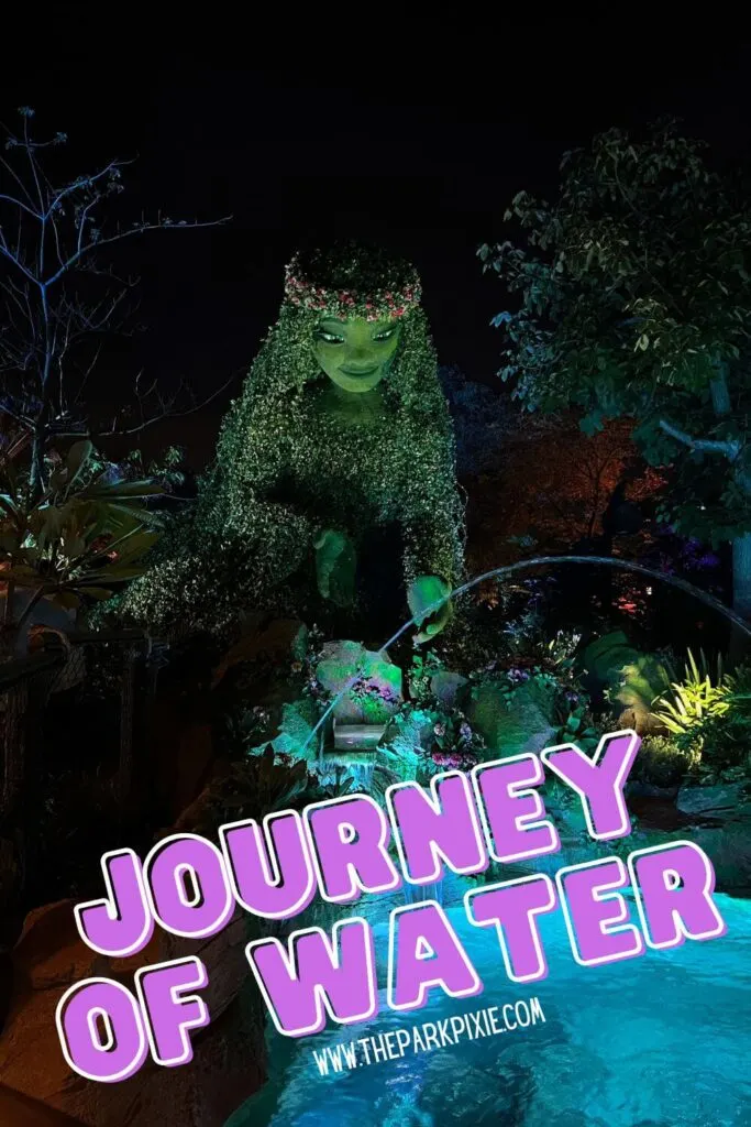 Photo of a Te Fiti topiary in front of a pond. Text overlay reads: Journey of Water.