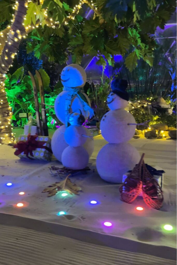 Photo of a snowmen family set up in the Living with the Land slow boat ride at Epcot.
