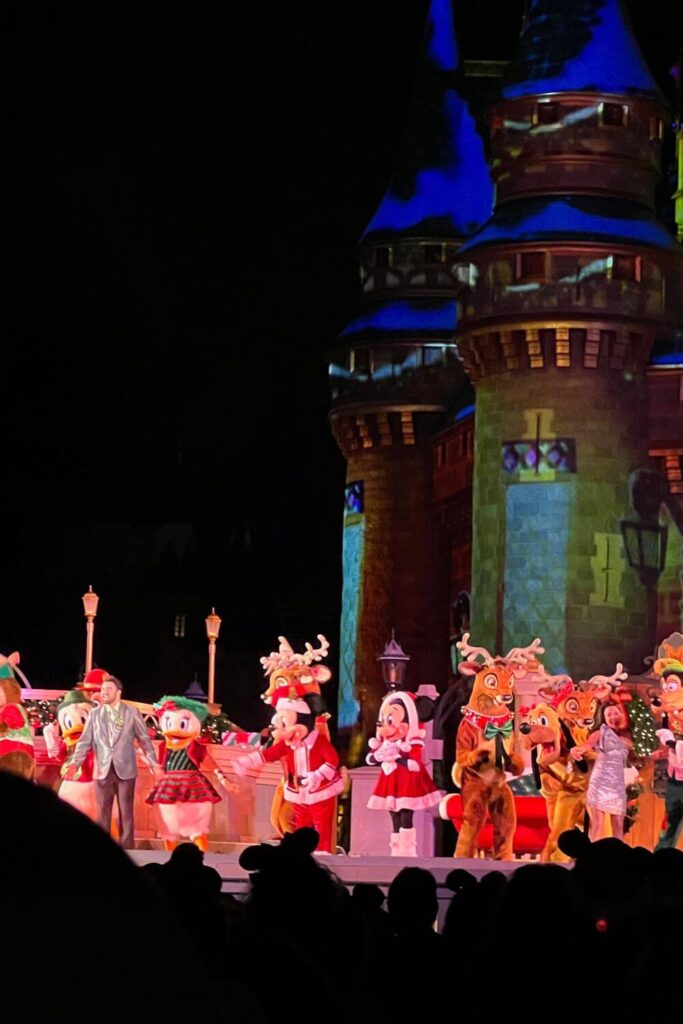 Photo of a scene from Mickey's Most Merriest Celebration stage show at Mickey's Very Merry Christmas Party. On stage are (L-R) Donald, Daisy, Mickey, Minnie, Reindeer, Pluto, Goofy, and two singers.