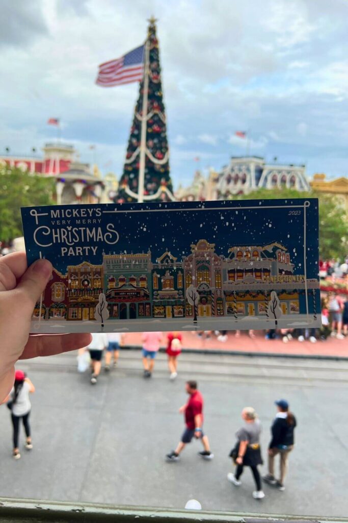 Closeup of the map and guide cover for the 2023 Mickey's Very Merry Christmas Party.