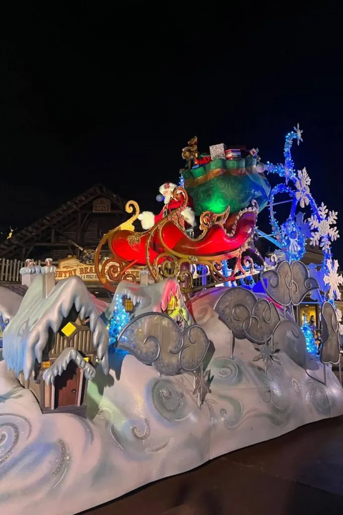 Photo of Santa Claus in the parade at Micky's Very Merry Christmas Part at Disney World.