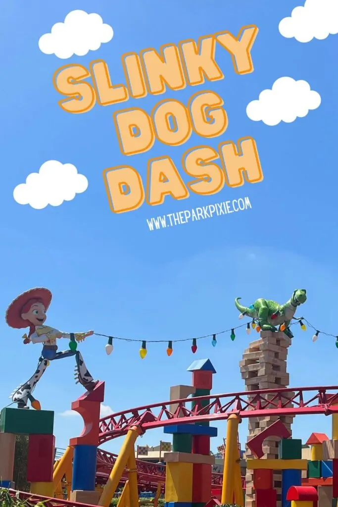 Photo of Slinky Dog Dash roller coaster at Hollywood Studios, featuring Jessie and Rex.