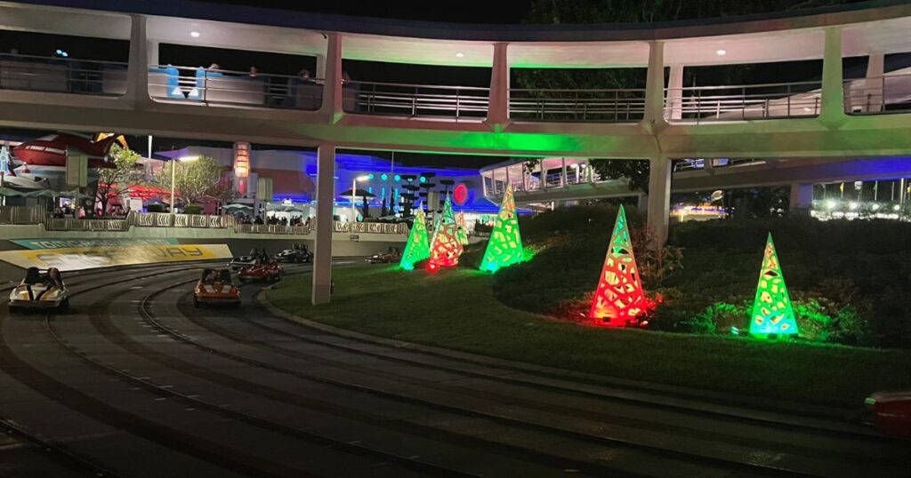 Photo of the Christmas lights along the Tomorrowland Speedway track.
