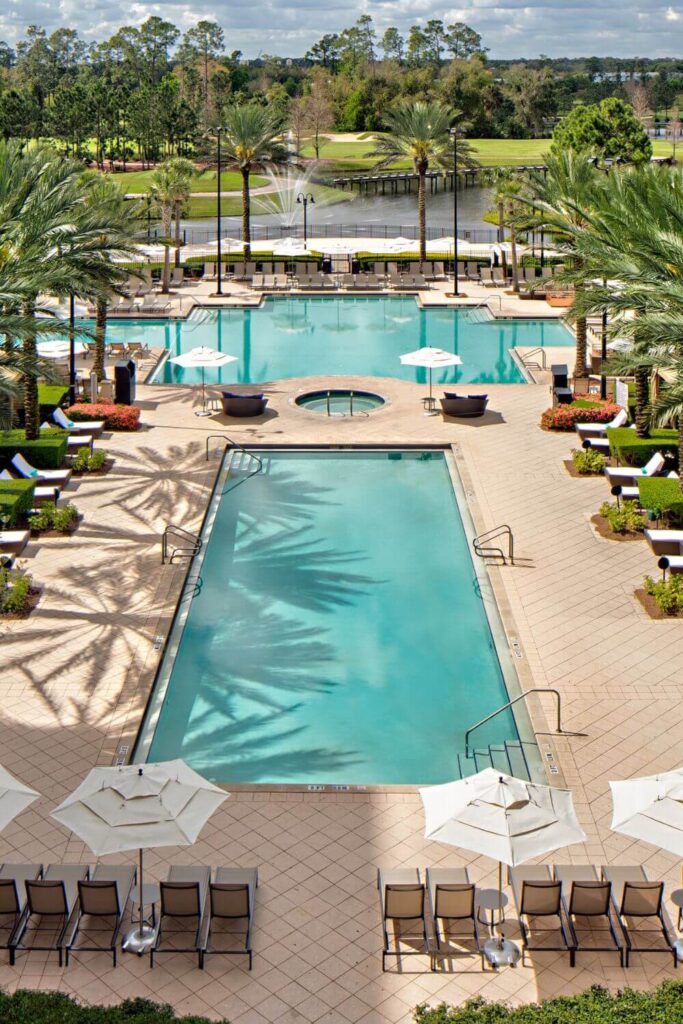 Aerial photo of the Waldorf Astoria Orlando pool complex, where you can rent a cabana to ring in the New Year!
