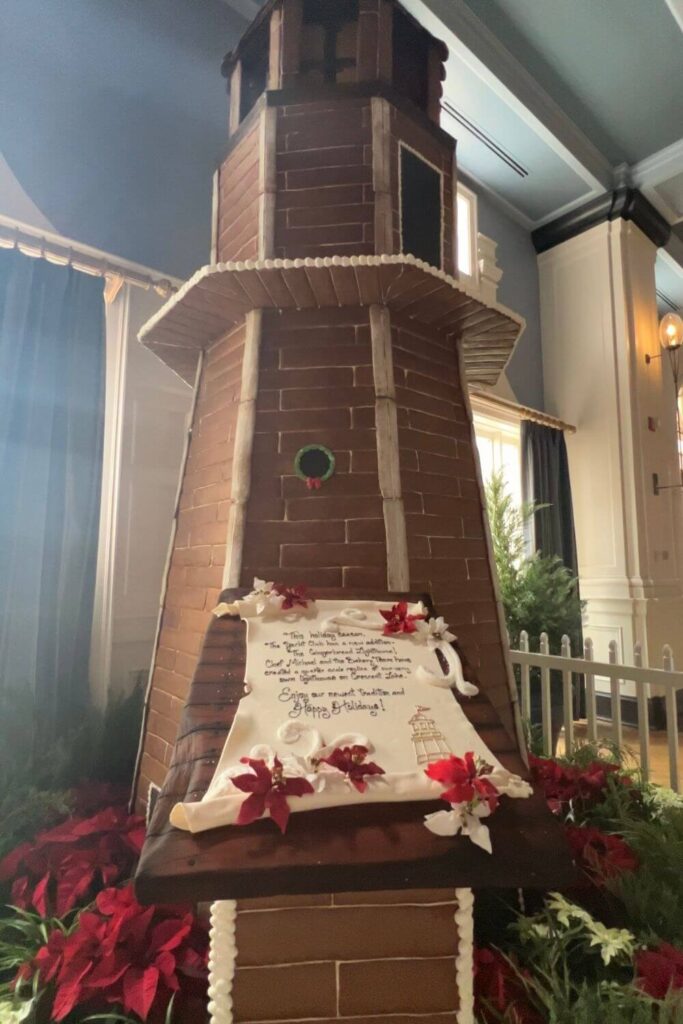 Photo of the gingerbread lighthouse at Yacht Club Resort near Epcot.