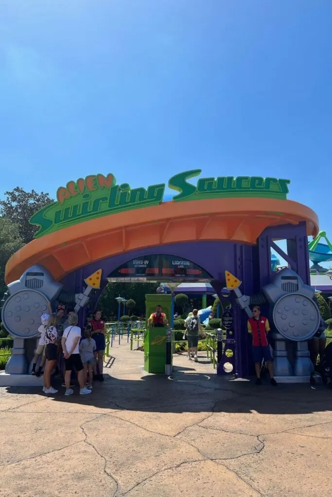 Photo of the entrance for Alien Swirling Saucers in Toy Story Land at Hollywood Studios.