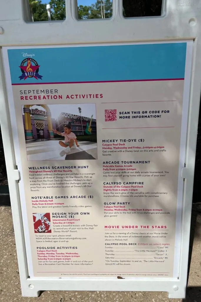 Photo of a placard with a list of recreational activities at All-Star Music Resort.