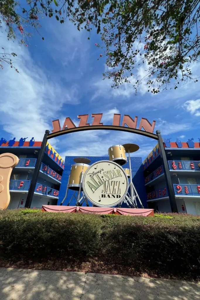Photo of one of the photo ops with a giant drum set at the Jazz Inn section of the All-Star Music hotel at Disney World.