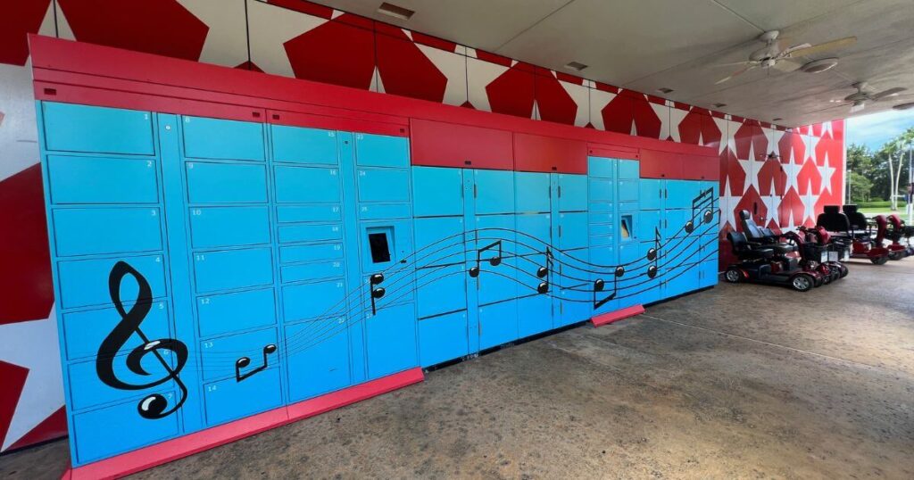 Horizontal photo of a wall of package lockers.