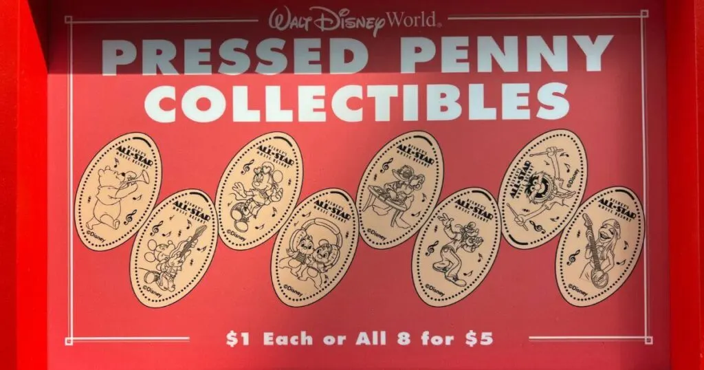 Closeup of the various pressed pennies you can make at the Disney All-Star Music Resort.