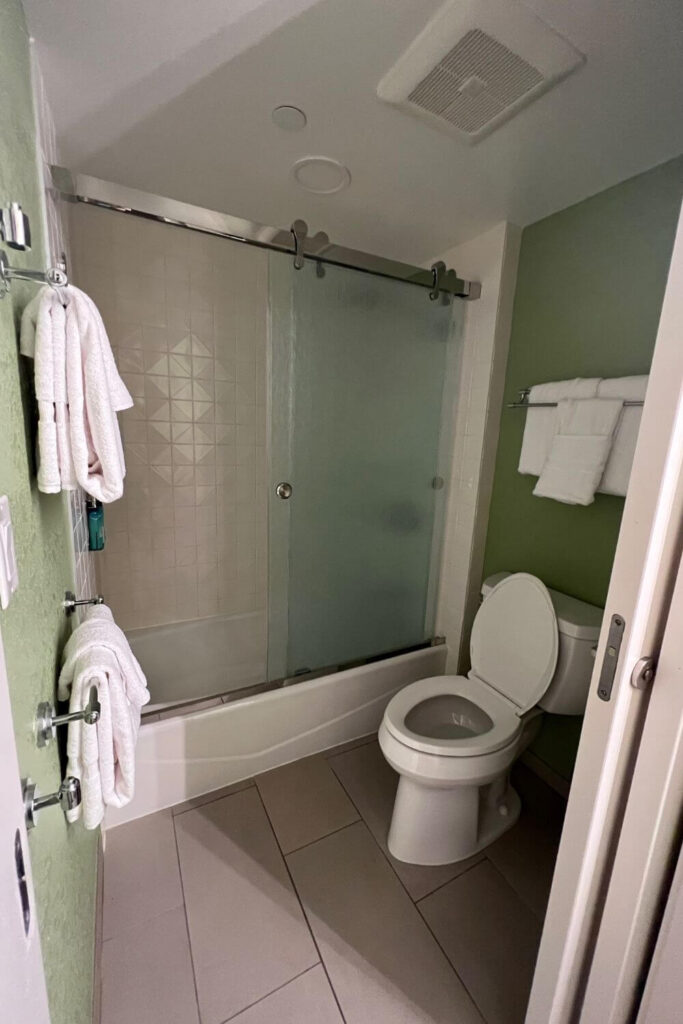 Photo of a typical bathroom in a standard or preferred room at the All Star Music Resort.