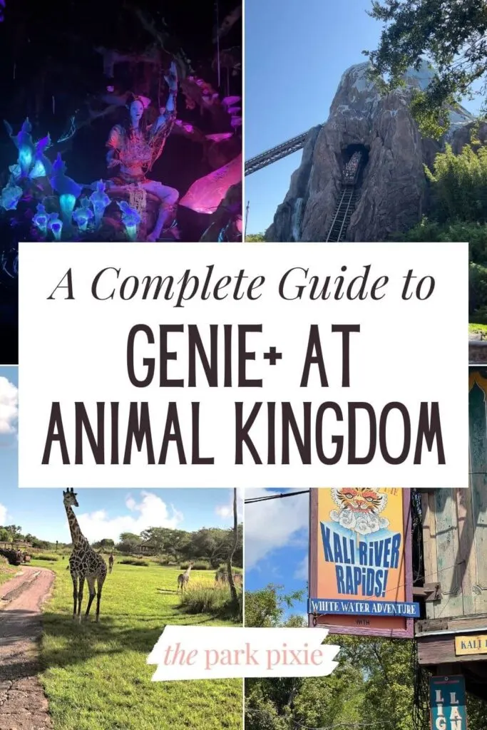 Custom graphic with 4 vertical photos from Animal Kingdom Genie+ rides and attractions. Text overlay in the middle reads: A Complete Guide to Genie+ at Animal Kingdom.