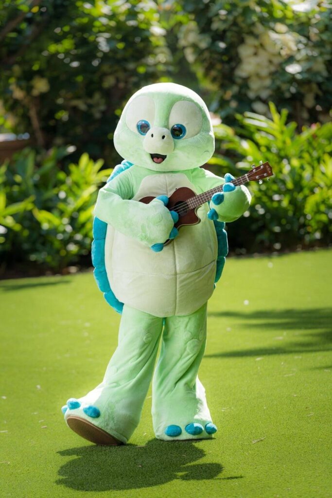 Photo of 'Olu Mel the sea turtle, playing the ukulele.