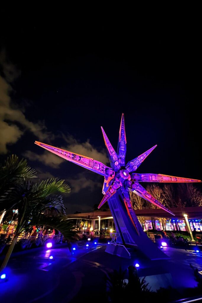 Photo of the back of the starcruiser in the courtyard in front of Cosmic Rewind at Epcot.