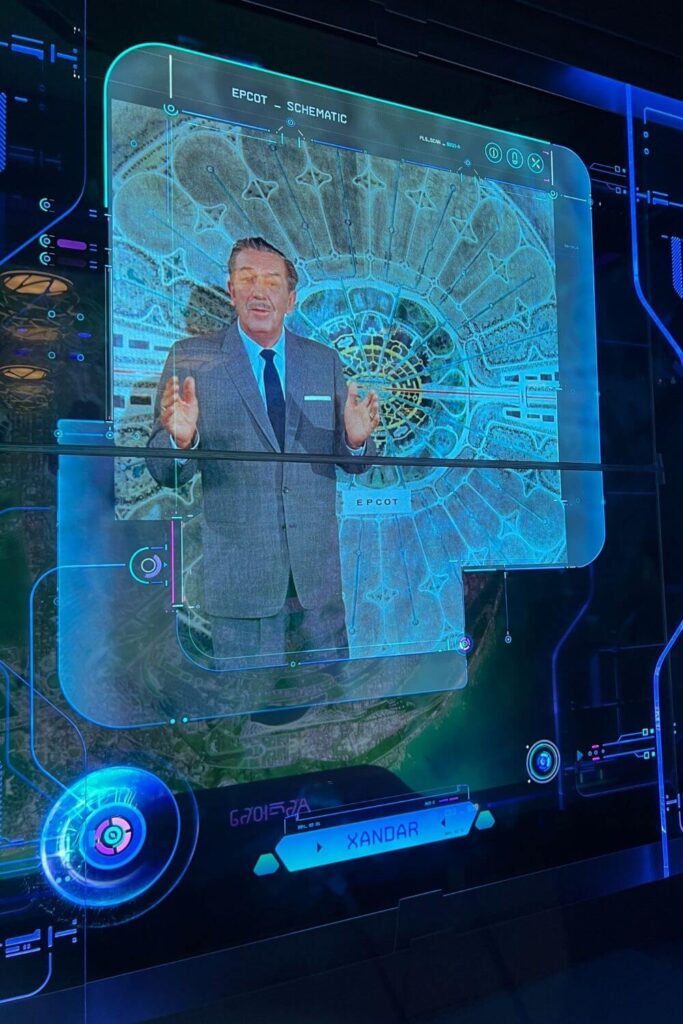 Photo of Walt Disney in a video that plays in the virtual queue for Cosmic Rewind at Epcot.