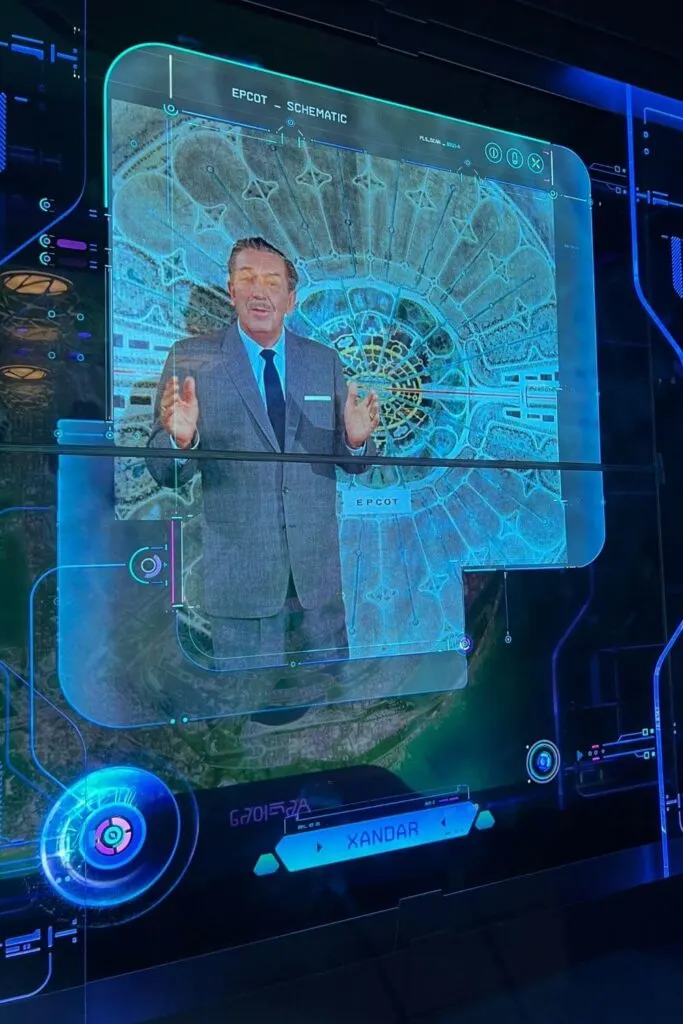 Photo of Walt Disney in a video that plays in the virtual queue for Cosmic Rewind at Epcot.