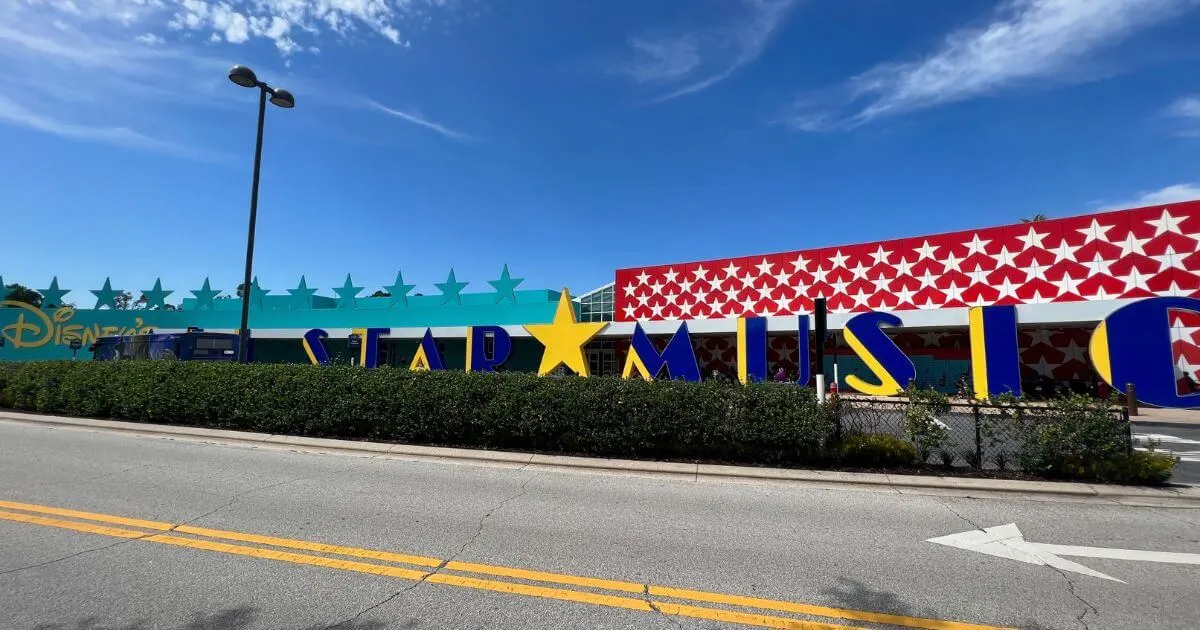 Horizontal photo outside Melody Hall with giant letters that spell out: Disney's All Star Music.