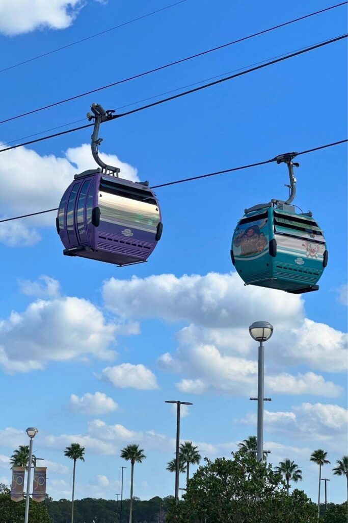 Photo of 2 Skyliner cars at Disney World going by.
