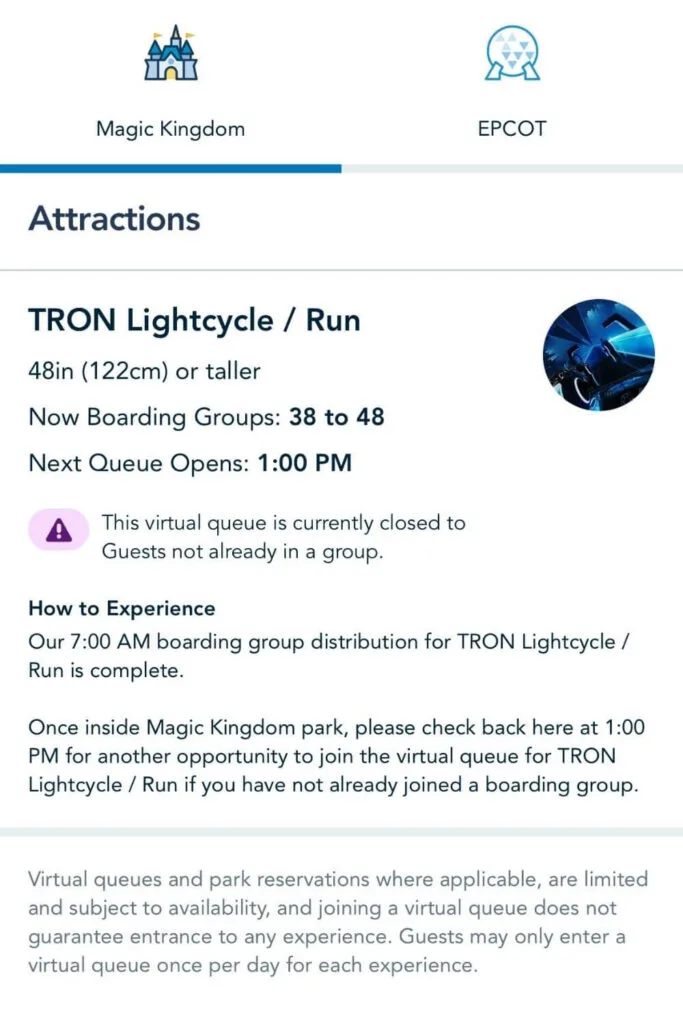 Screenshot of the virtual queue start page for TRON Lightcycle / Run at Magic Kingdom.
