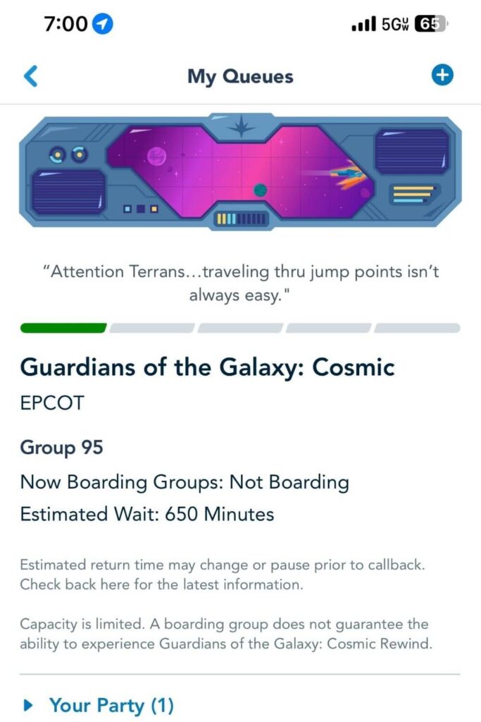 Screenshot of a Disney World virtual queue confirmation page for Cosmic Rewind.