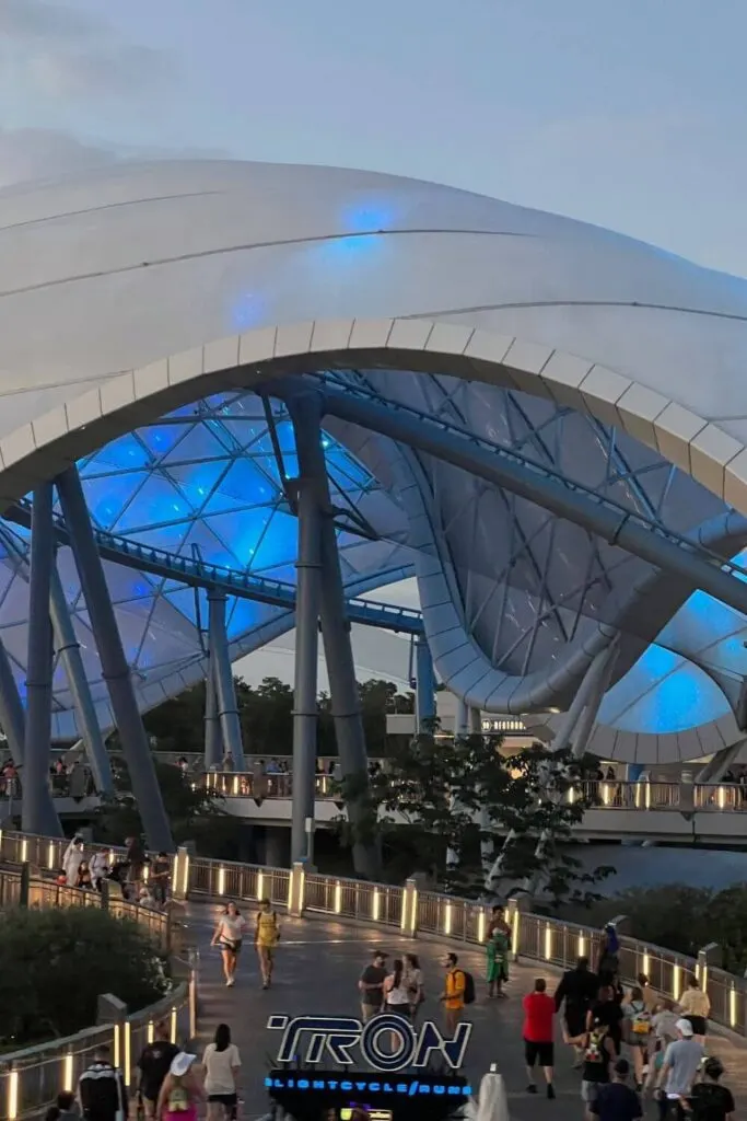 Photo of TRON at dusk from the PeopleMover ride.