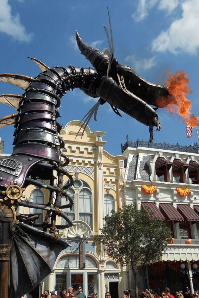 Photo of the fire-breathing dragon float in Magic Kingdom's Festival of Fantasy parade.