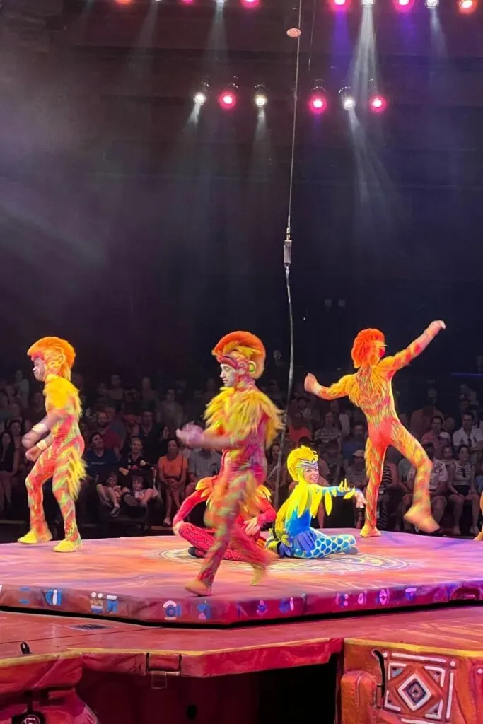 Photo of the monkey acrobats in the Festival of the Lion King show at Animal Kingdom.