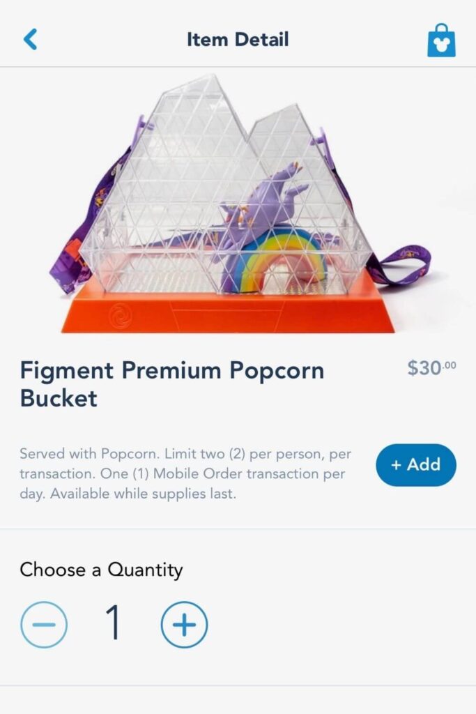 Screenshot of the Item Detail page for the Figment Premium Popcorn Bucket for the 2024 Epcot International Festival of the Arts.