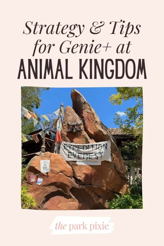 Custom graphic with a photo of the entrance to Expedition Everest at Animal Kingdom. Text above the photo reads: Strategy & Tips for Genie+ at Animal Kingdom.