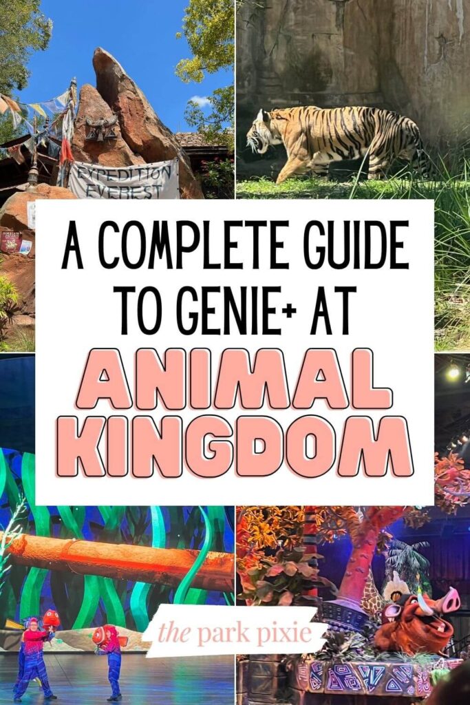 Custom graphic with 4 vertical photos from attractions at Disney's Animal Kingdom. Text overlay in the middle reads: A Complete Guide to Genie+ at Animal Kingdom.