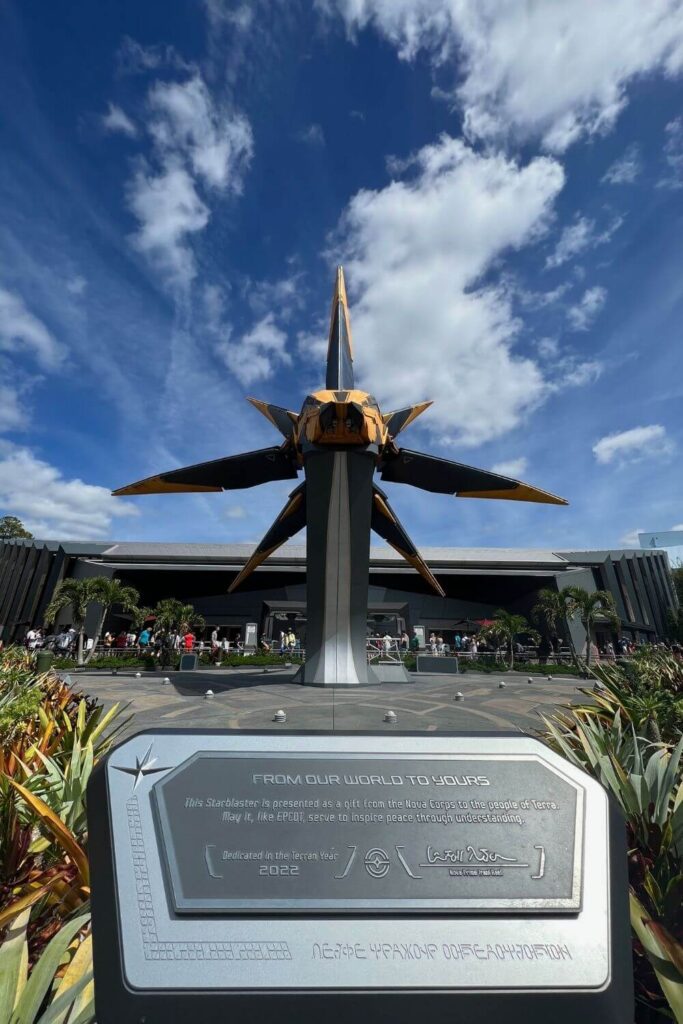 Photo of the Xandarian starcruiser outside Cosmic Rewind at Epcot.