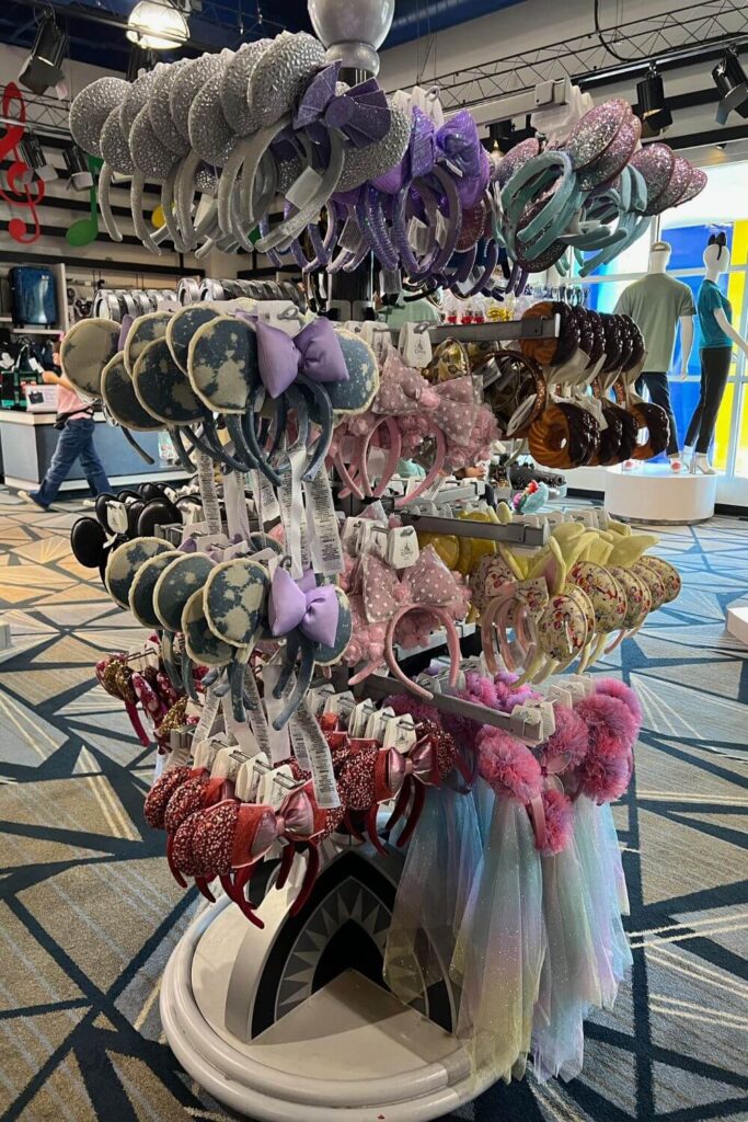 Photo of a tall rack of Minnie ears for sale in a gift shop at Disney World.
