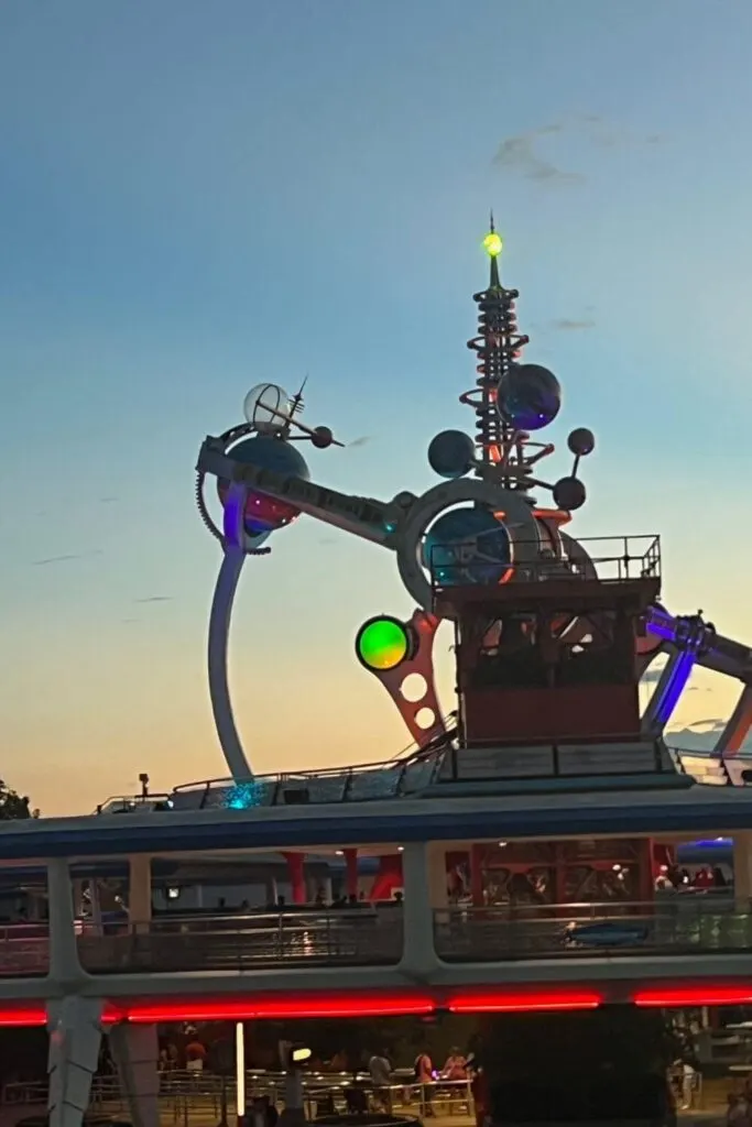 Photo of the Astro Orbiter ride at Magic Kingdom during blue magic hour.