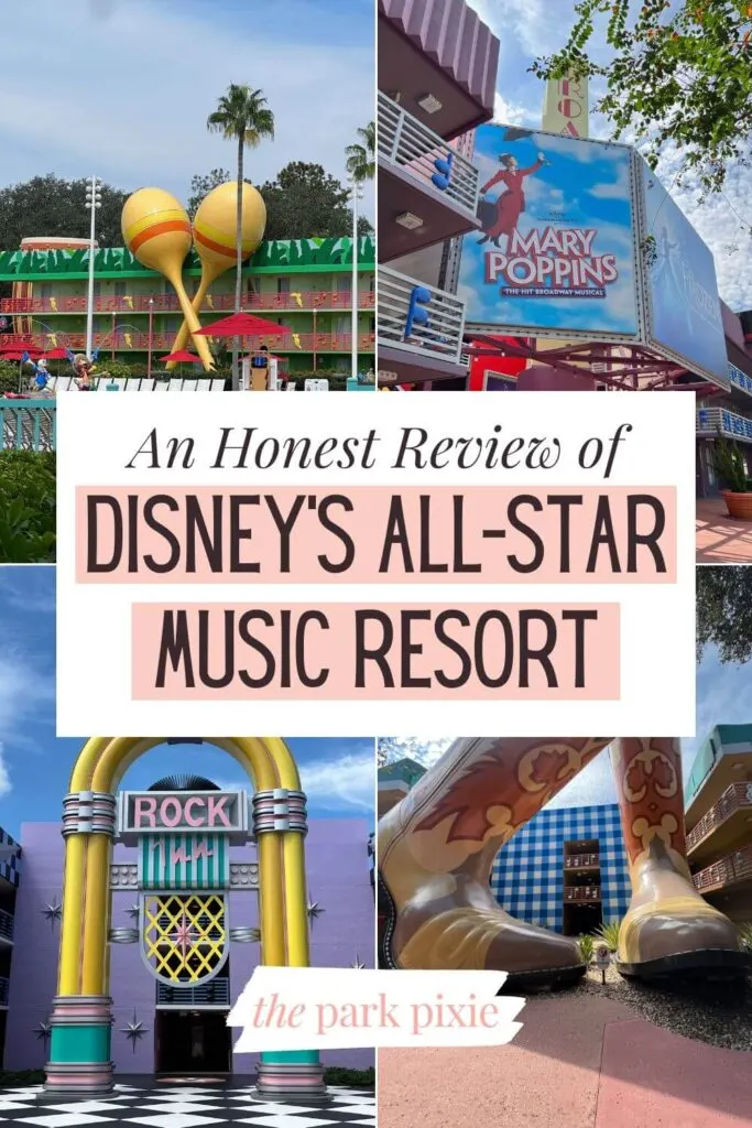 Custom graphic with 4 vertical photos from around the grounds of the All-Star Music hotel. Text in the middle reads: An Honest Review of Disney's All-Star Music Resort.
