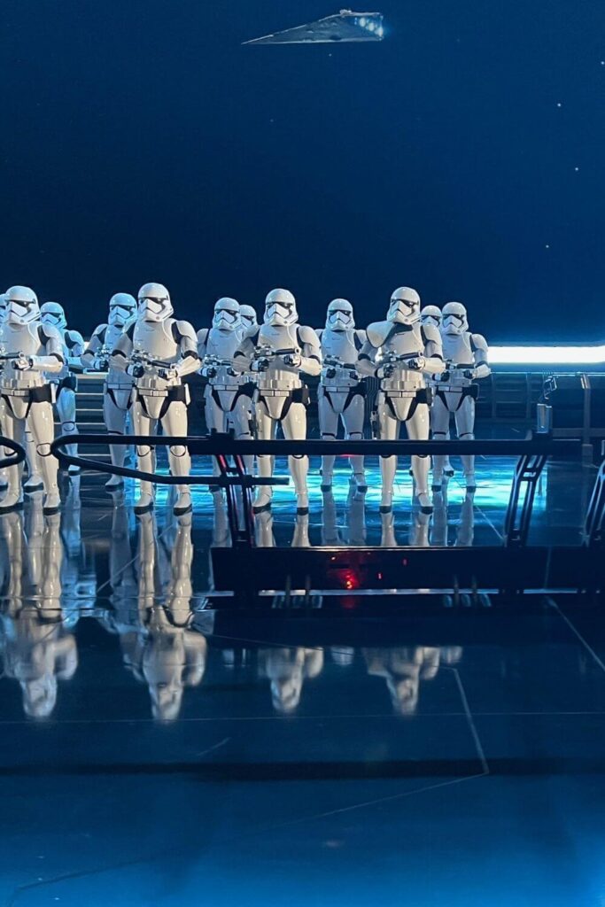 Photo of a group of intimidating Stormtroopers lined up inside Rise of Resistance.