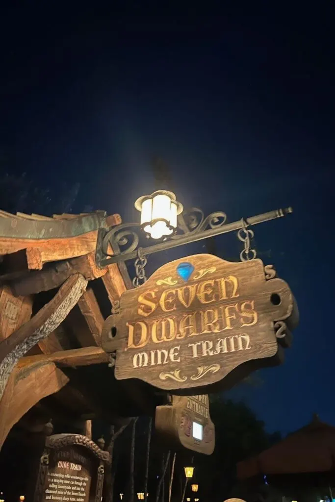 Photo of the entrance for Seven Dwarfs Mine Train roller coaster.