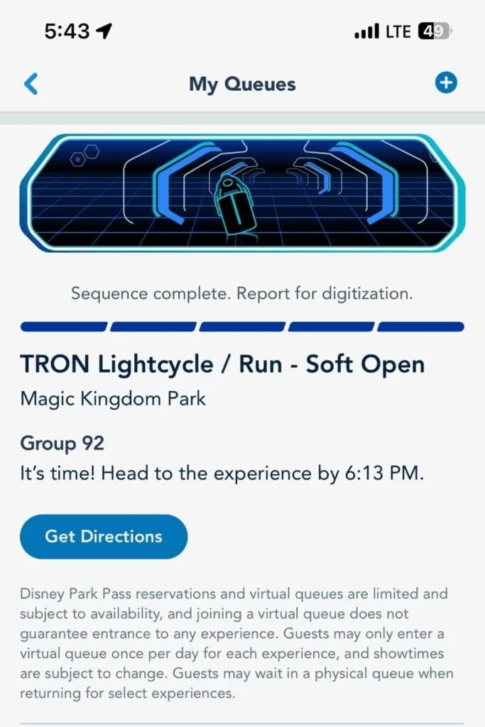 Screenshot of a TRON Lightcycle Run virtual queue boarding group callback notification.
