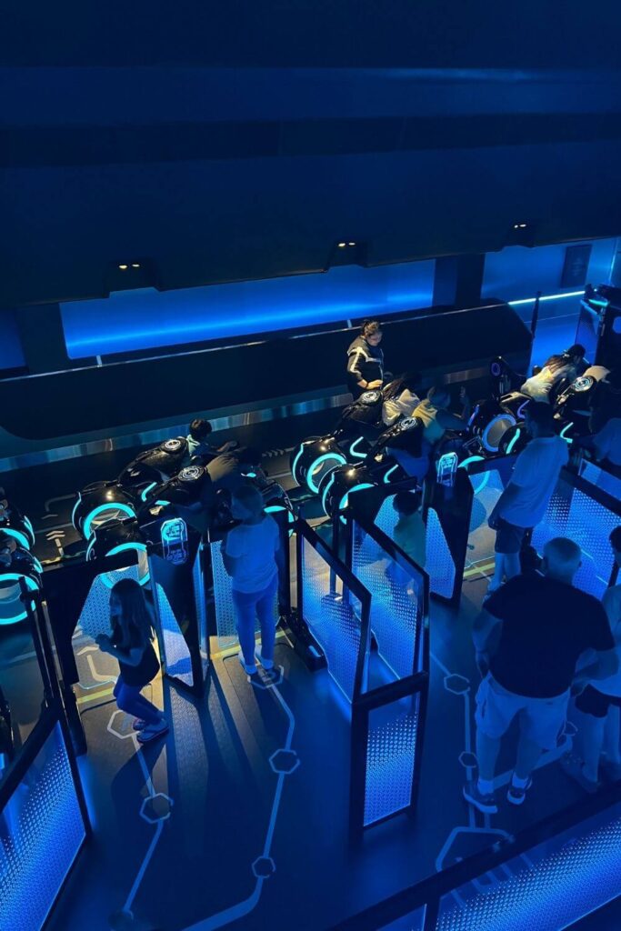 Photo looking down onto the TRON Lightcycle Run boarding area.