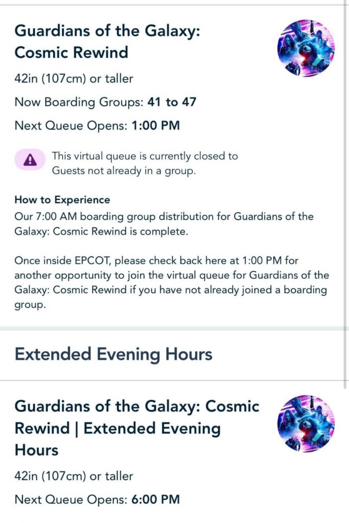 Screenshot of the virtual queue start page for Guardians of the Galaxy: Cosmic Rewind, showing an option for an Extended Evening Hours queue at 6 PM.