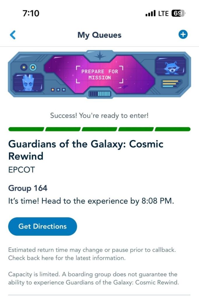 Screenshot of a boarding group callback notification for Guardians of the Galaxy: Cosmic Rewind.