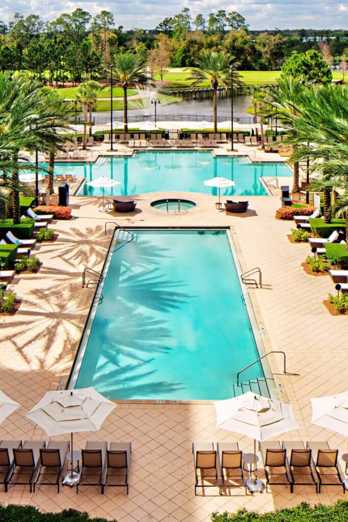 Aerial photo of the pool deck at the Waldorf Astoria Orlando Resort near Disney World.