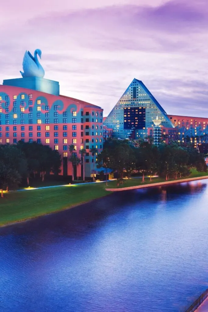 Photo of the Walt Disney World Swan and Dolphin Resorts from across a river.